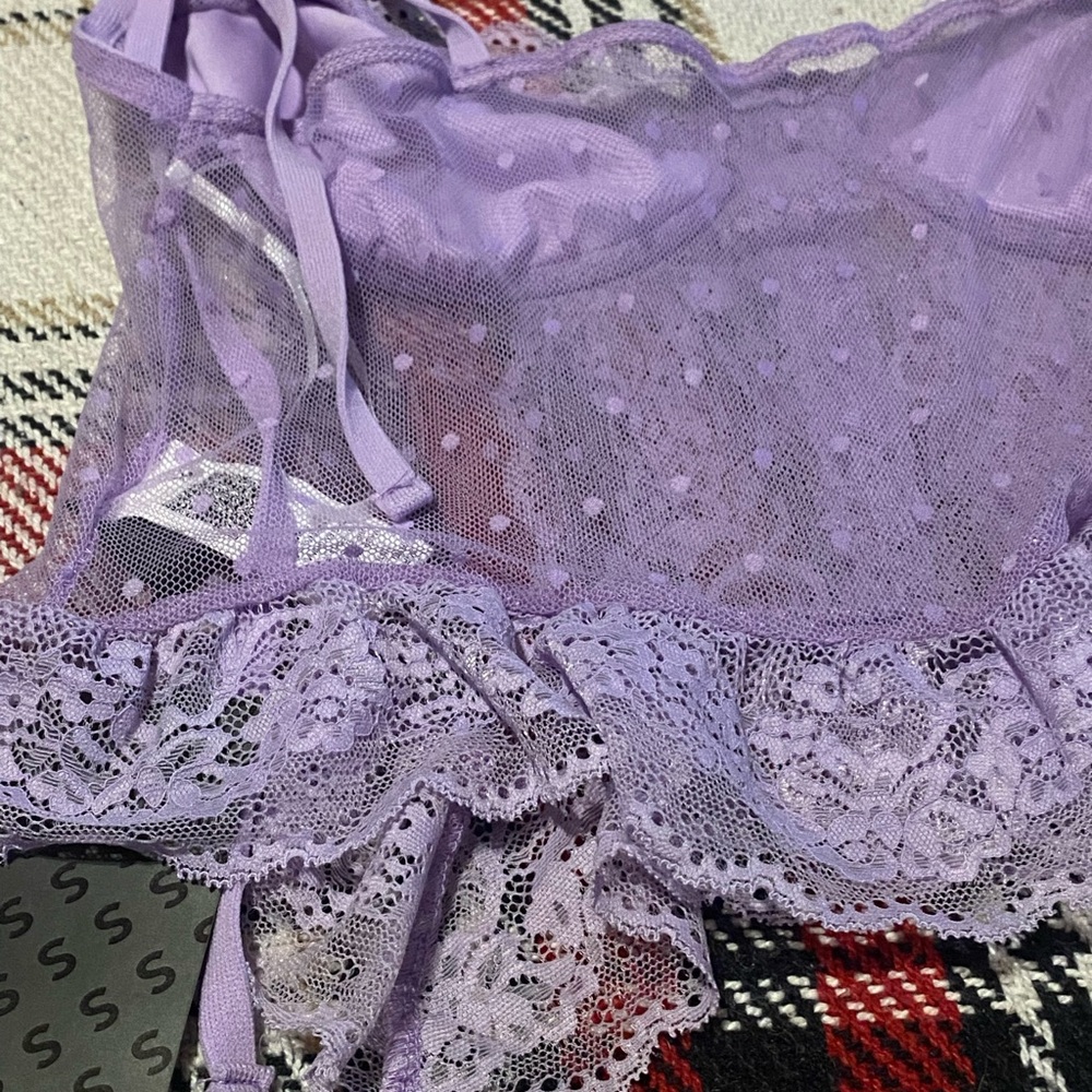 NWT shein sky plus lilac purple shoulder tie ruffle hem sheer crop top - 1X, 14 - Picture 8 of 8